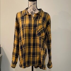 Navy/ Mustard Color Plaid Flannel Button-Up Shirt